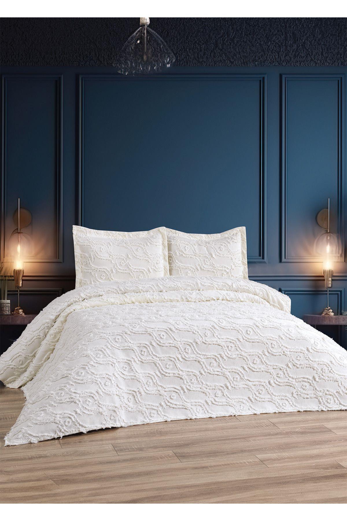 Şönil İskandinav Çift Kişilik Yatak Örtüsü 240×250 cm 2 Yastık Geometrik Desen