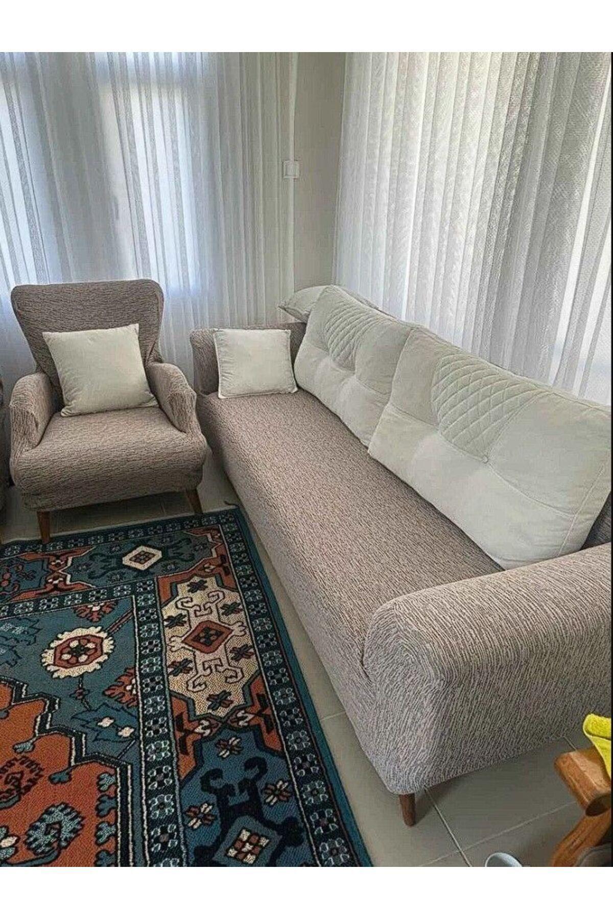 Jakarlı 3 3 1 1 Krem t Lastikli Kanepe Örtüsü | Lastikli Koltuk Örtüsü | koltuk kılıfı Takımı