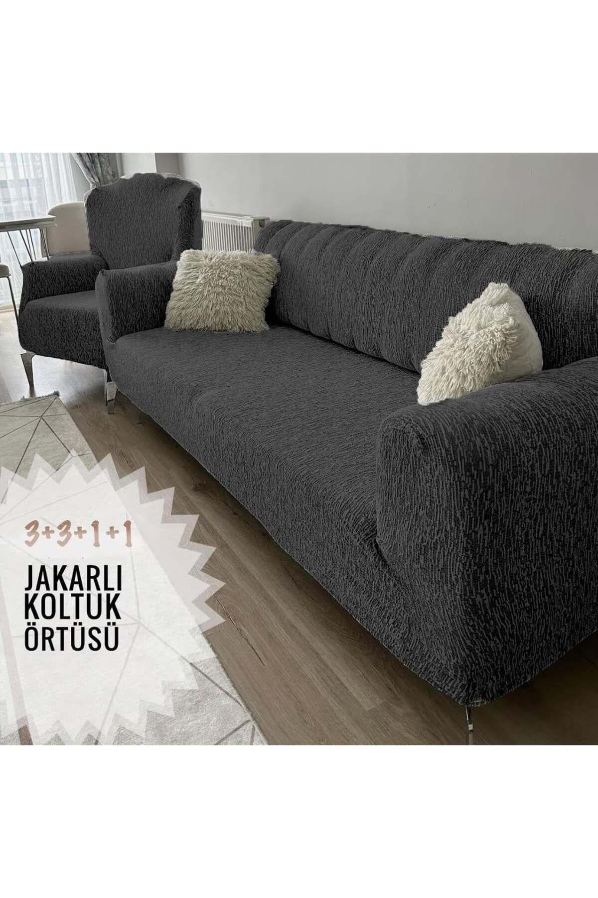 Jakarlı 3 3 1 1 Lastikli Kanepe Örtüsü | Lastikli Koltuk Örtüsü | Koltuk Kılıfı Takımı