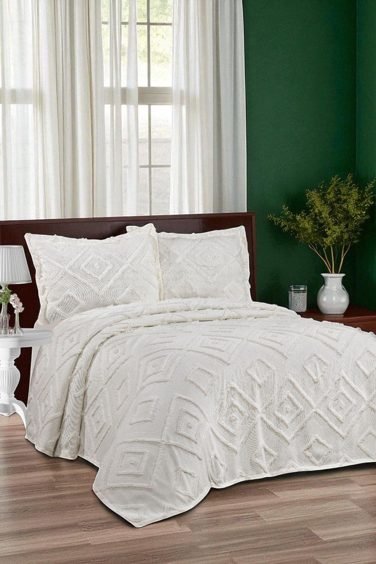 Şönil İskandinav Çift Kişilik Yatak Örtüsü 240×250 cm 2 Yastık Geometrik Desen