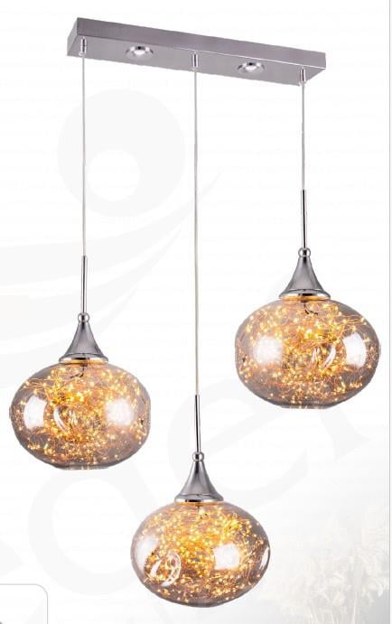 Sarkıt Avize Krom 3’lü Cam Sarkıt Avize Modern LED Salon Mutfak Avizesi 3'lü Cam Sarkıt Ledli Yemek Masası Avizesi Krom