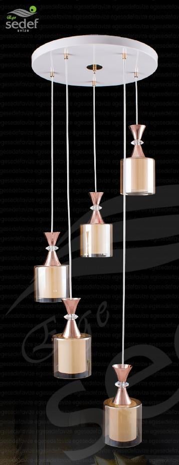 Sarkıt Avize Rose Gold 5’li Sarkıt Avize Amber Camlı Modern Avize Rose Gold 5'li Sarkıt Avize 