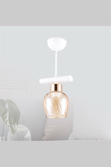 Tekli Avize  Tekli E27 Duy Beyaz / Gold Renk Metal Bal Camlı Sarkıt Avize