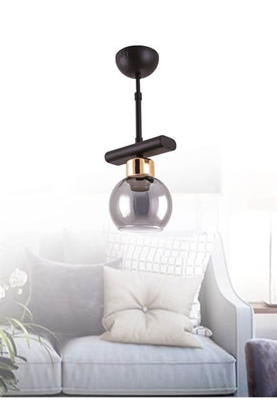 Tekli Avize  Tekli E27 Duy Siyah / Gold Renk Metal Füme Camlı Sarkıt Avize