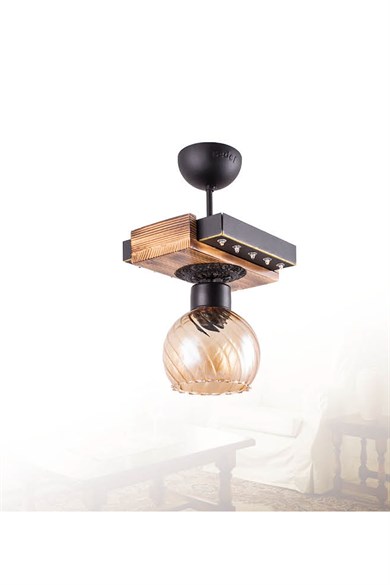 Tekli Avize  Tekli E27 Duy  Siyah Renk Metal Eskitme Yanık Ahşap Retro Bal Camlı Led Tepsili Avize