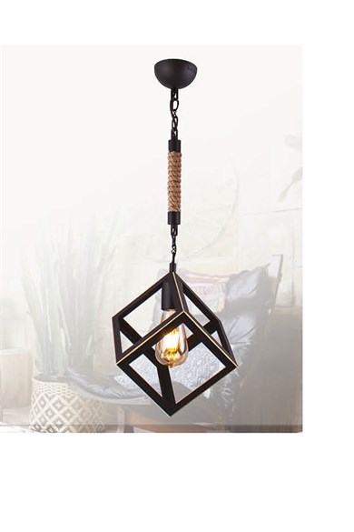 Tekli Avize  Tekli E27 Duy Siyah Renk Metal Halatlı Küp Sarkıt Avize