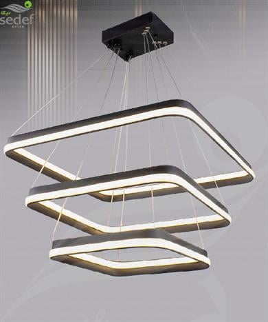 Ledli Avize  Modern 3’lü Kare LED Avize Siyah | Sarkıt Lüks Salon Avizesi Modern 3'lü Kare Halkalı LED Sarkıt Avize