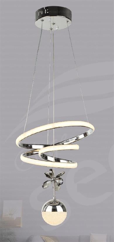 Ledli Avize  Modern Krom Spiral LED Sarkıt Avize | Cam Küreli Salon Avizesi Modern Krom Spiral LED Cam Küre Detaylı Sarkıt Avize