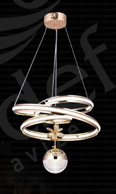Ledli Avize  Modern LED Sarkıt Avize Gold Halka Tasarım Kristal Camlı Avize Modern LED Sarkıt Avize Gold