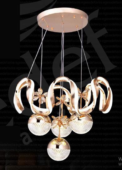 Ledli Avize  Modern LED Sarkıt Avize Krom Elma Detaylı Lüks Avize Modern LED Sarkıt Avize Gold Gövde