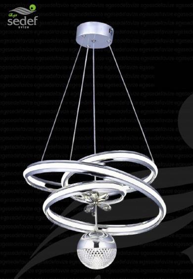 Ledli Avize  Modern LED Sarkıt Avize Krom Halka Tasarım Kristal Camlı Avize Modern LED Sarkıt Avize Krom