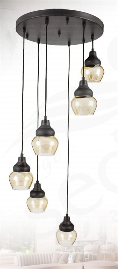 Sarkıt Avize Siyah 6’lı Sarkıt Avize Amber Camlı Modern Avize Modern Siyah 6'lı Sarkıt Avize