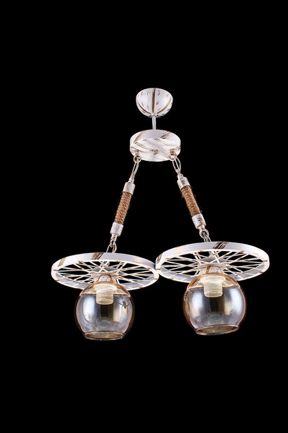 Retro Avize  2'Lü E27 Duy Beyaz Patina Renk Metal Bal Camlı Sıralı Halatlı Retro Sarkıt Avize