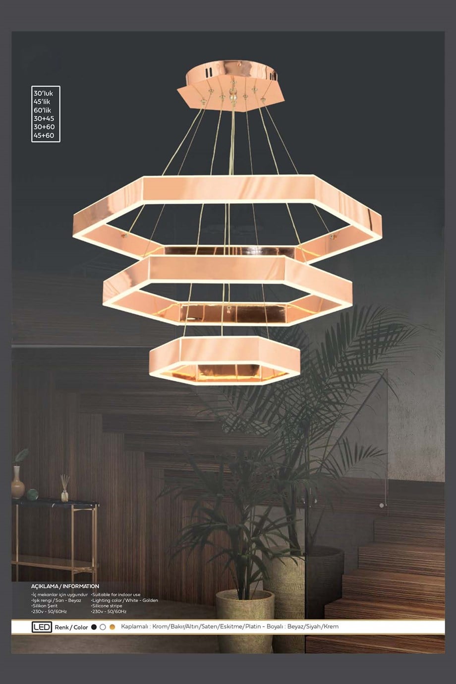 Ledli Avize  30+45+60'Lık Beyaz / Sarı Işık Led 3'Li Sarkıt Avize