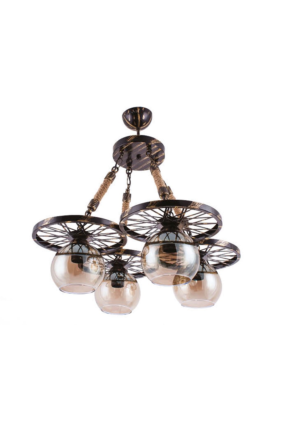 Retro Avize  4'Lü E27 Duy Siyah Patina Renk Metal Bal Camlı Halatlı Retro Sarkıt Avize