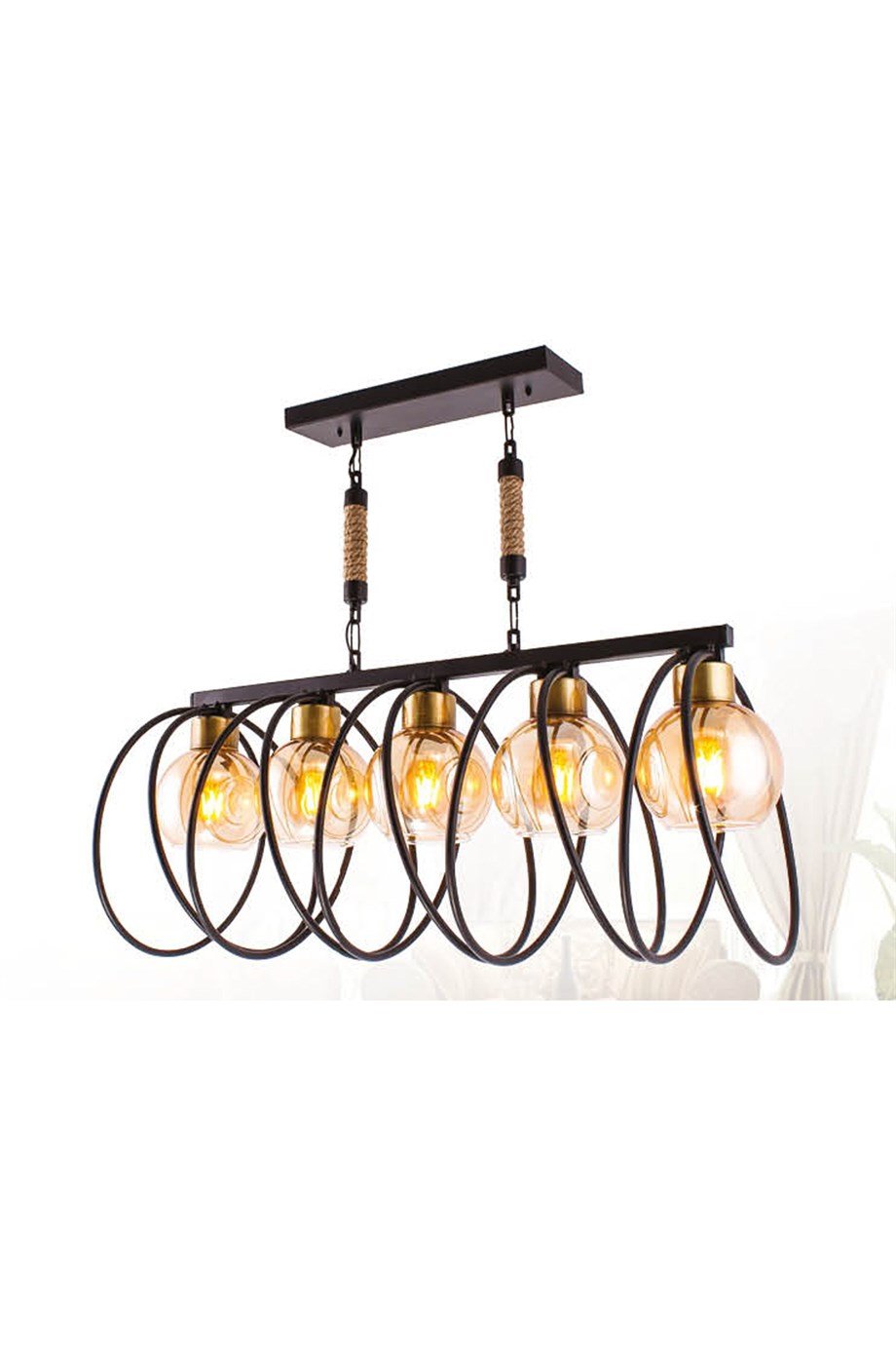Retro Avize  5'Lü E27 Duy Siyah / Eskitme Metal Bal Camlı Retro Sıralı Sarkıt Avize