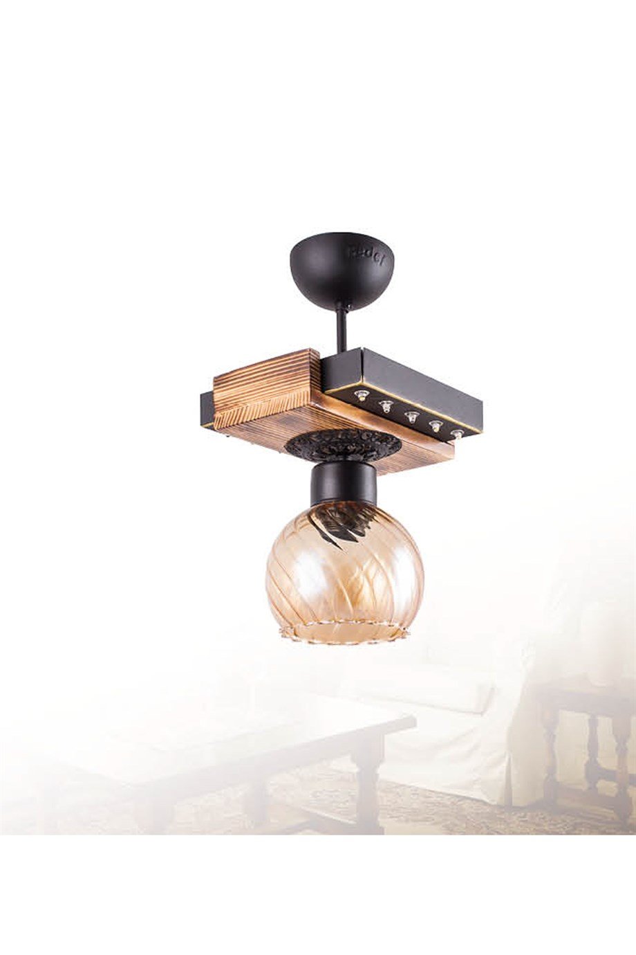 Tekli Avize  Tekli E27 Duy  Siyah Renk Metal Eskitme Yanık Ahşap Retro Bal Camlı Led Tepsili Avize