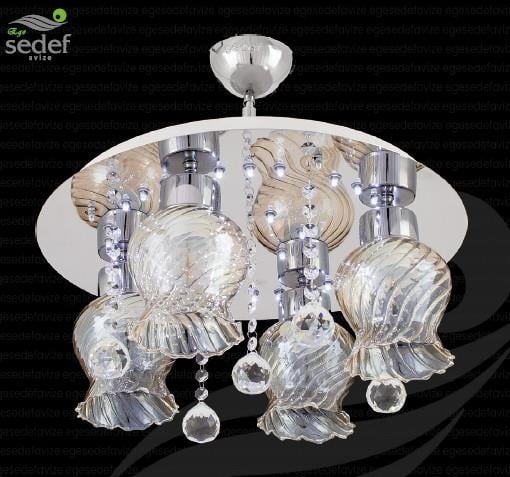 Plafonyer Avize 4’lü Krom Plafonyer Avize Kristal Taşlı Modern Camlı Avize Kristal Taşlı 4'lü Plafonyer Avize