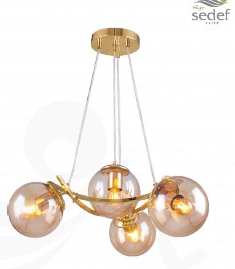 Sarkıt Avize Gold 4’lü Cam Küre Sarkıt Avize Modern Salon Avizesi Gold Metal Gövdeli 4'lü Cam Küre Sarkıt Avize