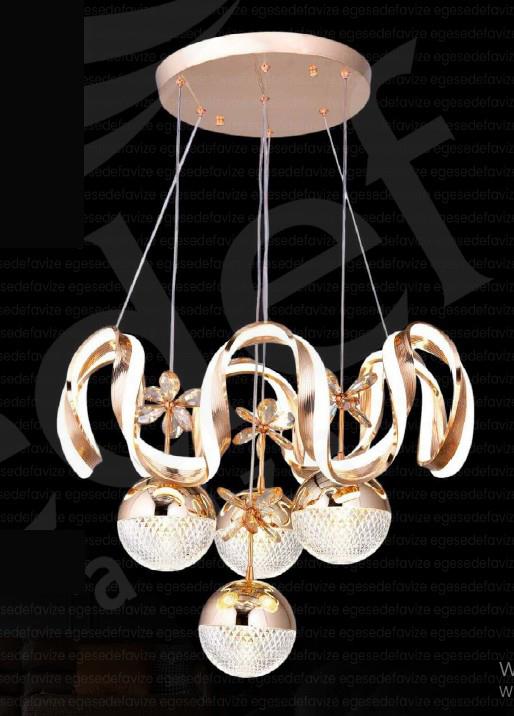 Ledli Avize  Modern LED Sarkıt Avize Krom Elma Detaylı Lüks Avize Modern LED Sarkıt Avize Gold Gövde