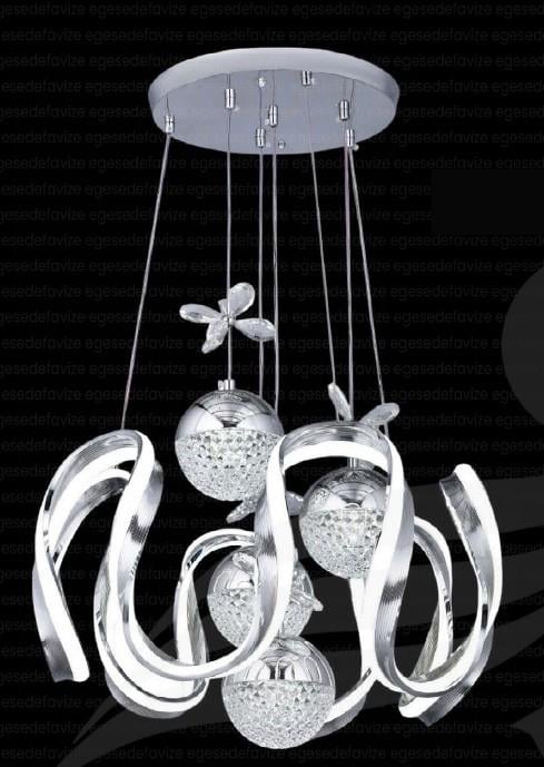 Ledli Avize  Modern LED Sarkıt Avize Krom Elma Detaylı Lüks Avize Modern LED Sarkıt Avize Krom Gövde