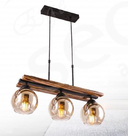 Retro Avize Rustik Ahşap 4’lü Sarkıt Avize Füme Cam Modern Masa Üstü Avize Rustik Ahşap Detaylı 3'lü Sarkıt Avize