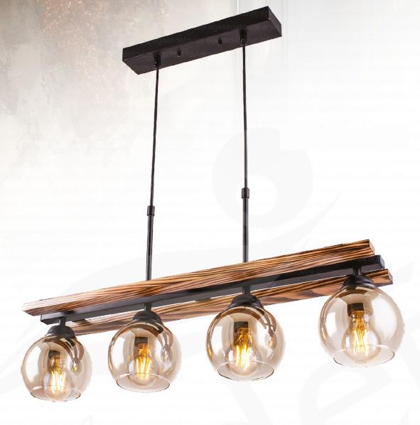 Retro Avize Rustik Ahşap 4’lü Sarkıt Avize Füme Cam Modern Masa Üstü Avize Rustik Ahşap Detaylı 4'lü Sarkıt Avize