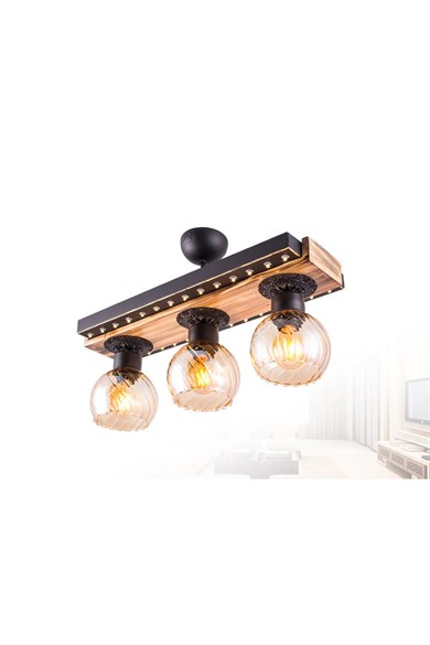 Retro Avize  3'Lü E27 Duy  Siyah Renk Metal Eskitme Yanık Ahşap Retro Bal Camlı Led Tepsili Avize