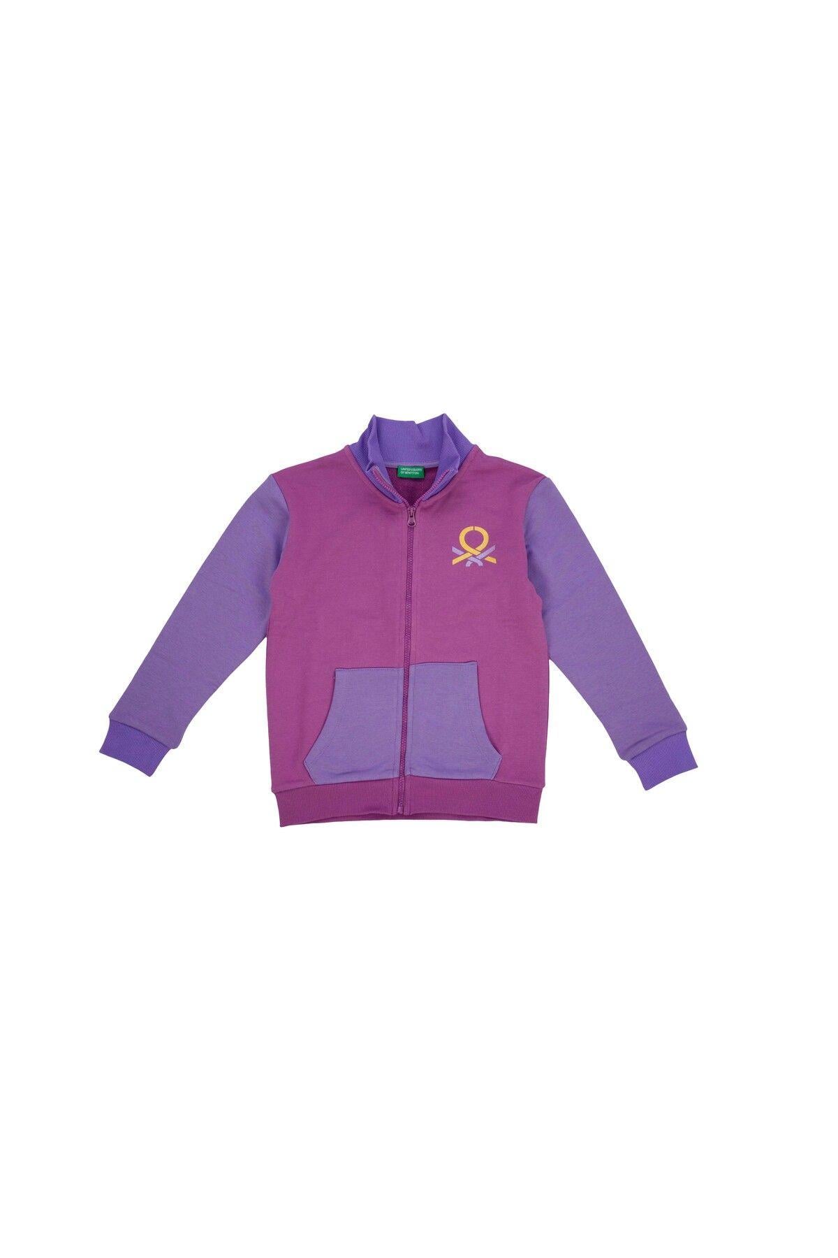 Kız Çocuk Logo Baskılı Fermuarlı Dik Yaka Kanguru Yan Cepli Menekşe Mor Mix Renkli Sweatshirt
