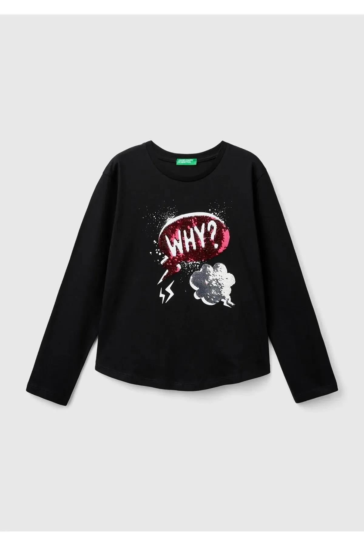 Kız Çocuk Önü Pullu Baskı Detaylı Etek Ucu Yuvarlak Uzun Kollu T-Shirt