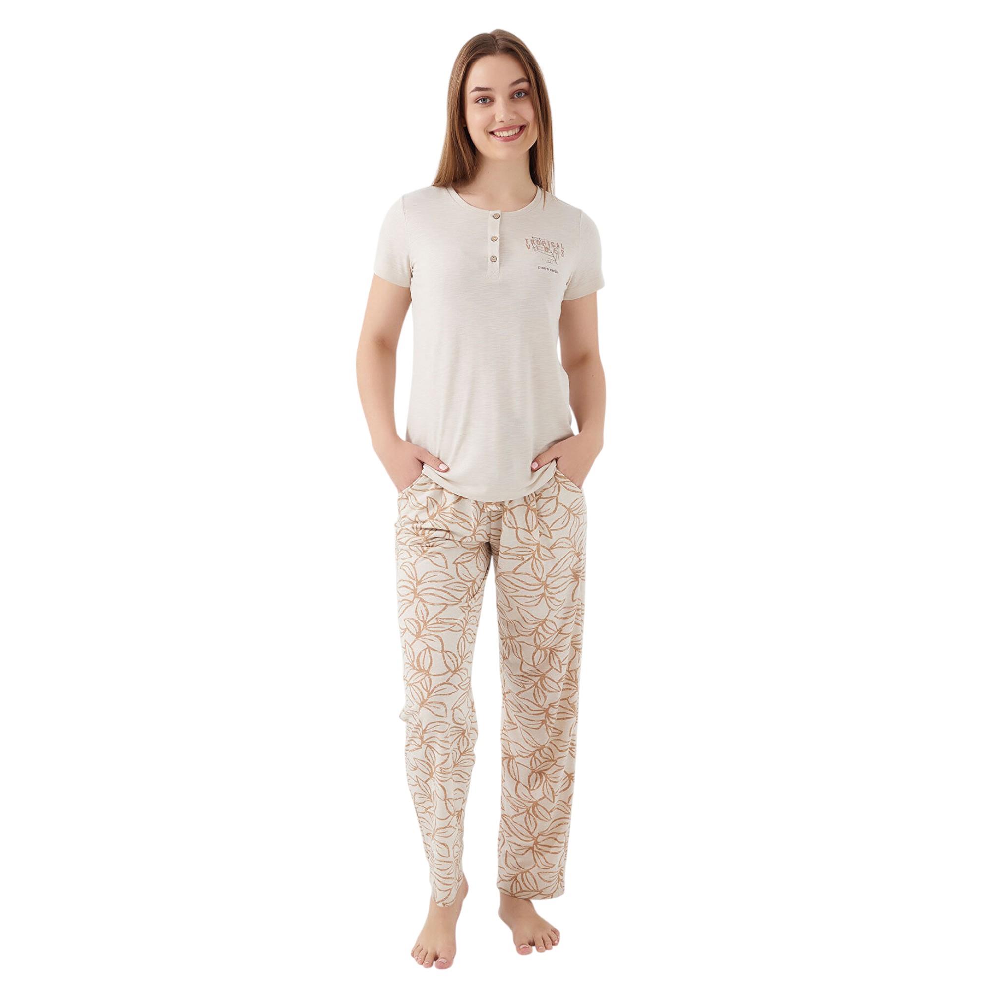 Tropical Vibes Bej Kadın Kısa Kol Pijama Takım