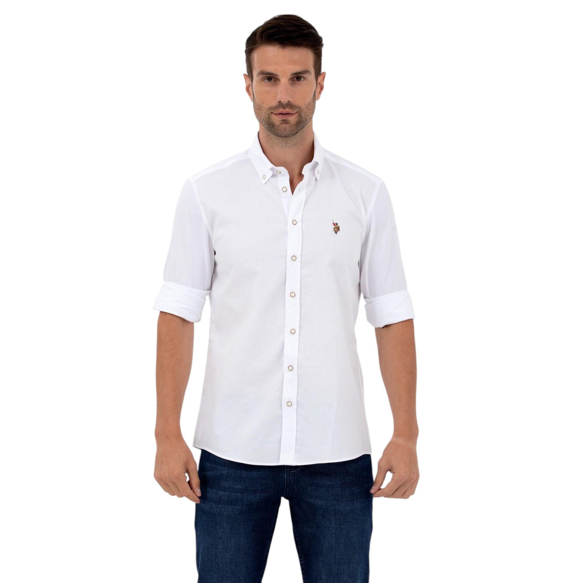Düğmeli Yaka Slim Fit Uzun Kollu Beyaz Erkek %100 Pamuk Gömlek 1571767
