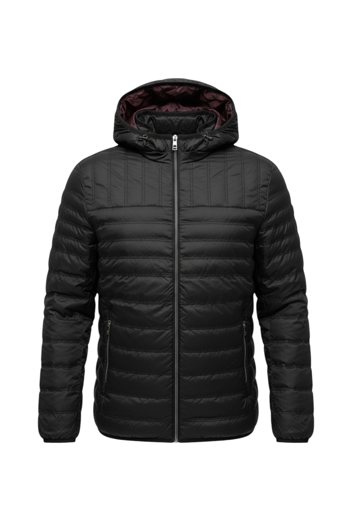 Erkek Kapitone Çizgili Desenli Kapüşonlu Slim Fit Şişme Casual Mont