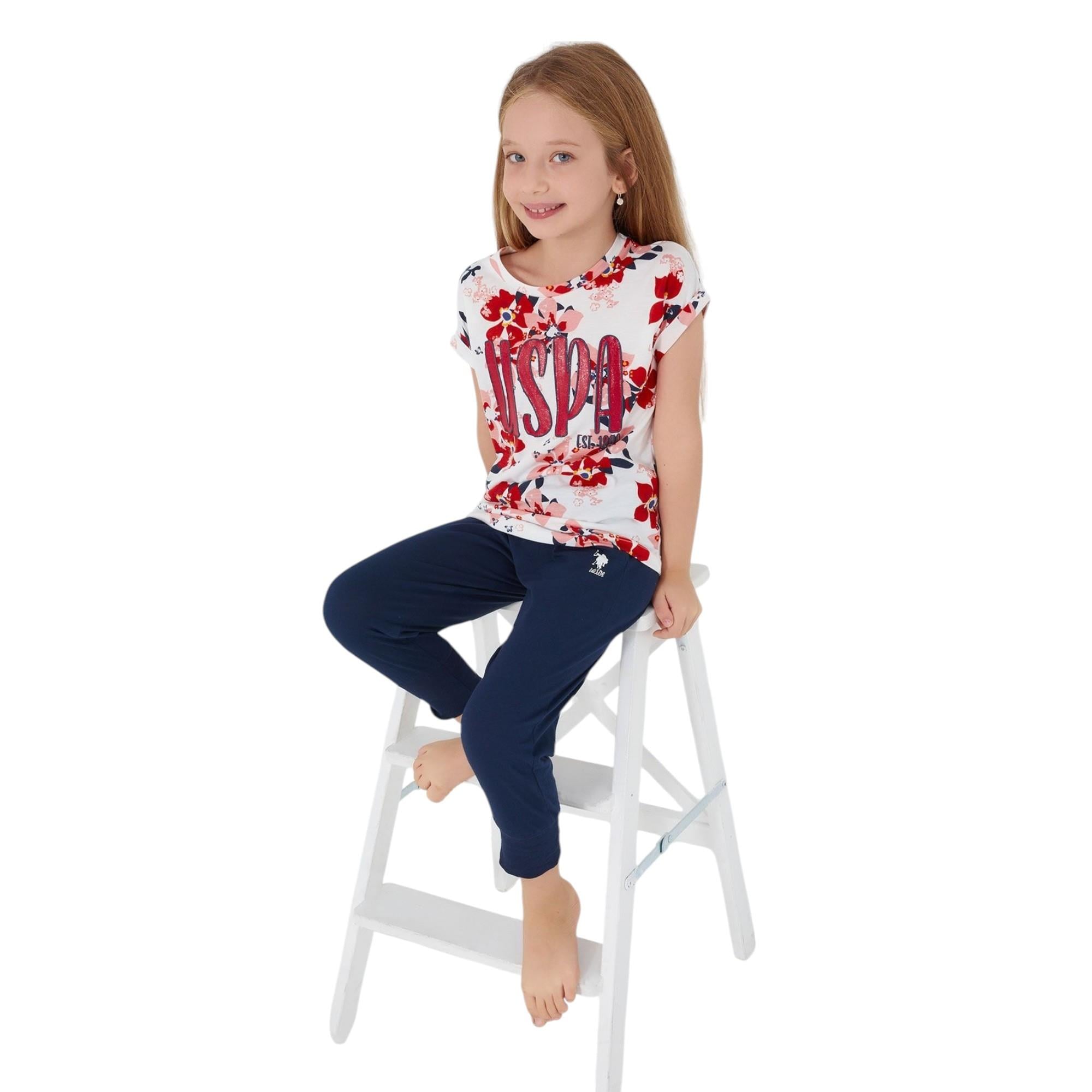Floral Print Krem Kız Çocuk Kısa Kol Pijama Takım