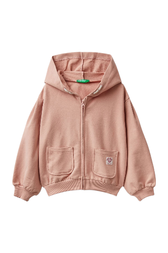 Kız Çocuk Bej Cebi Logo Detaylı Fermuarlı Kapüşonlu Sweatshirt