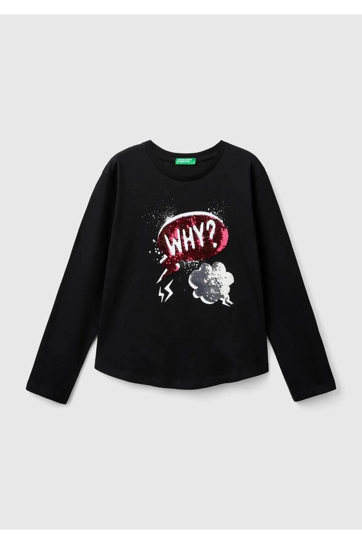 Kız Çocuk Önü Pullu Baskı Detaylı Etek Ucu Yuvarlak Uzun Kollu T-Shirt