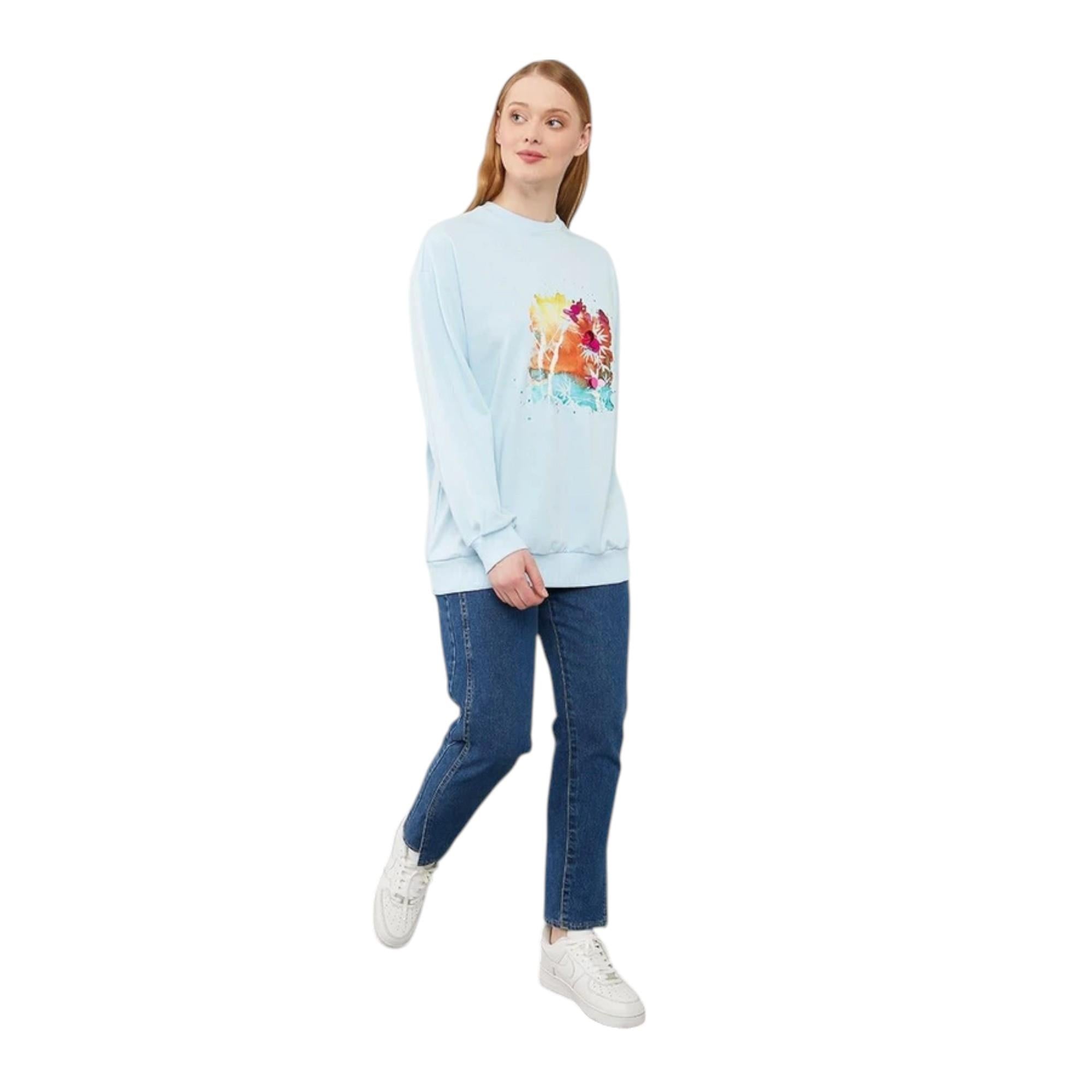 Pul İşlemeli Baskılı Sweatshirt