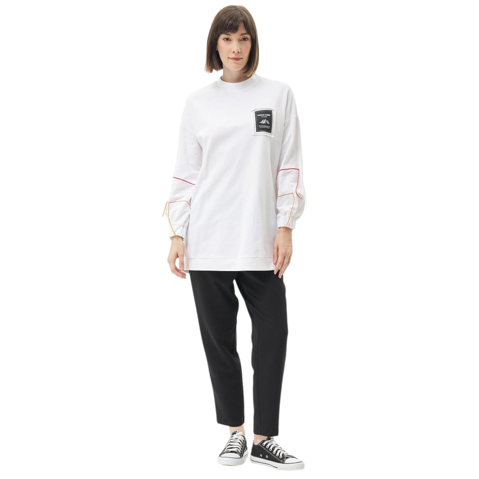 Ribanalı Sıfır Yaka Poplin Sweatshirt Optik Beyaz