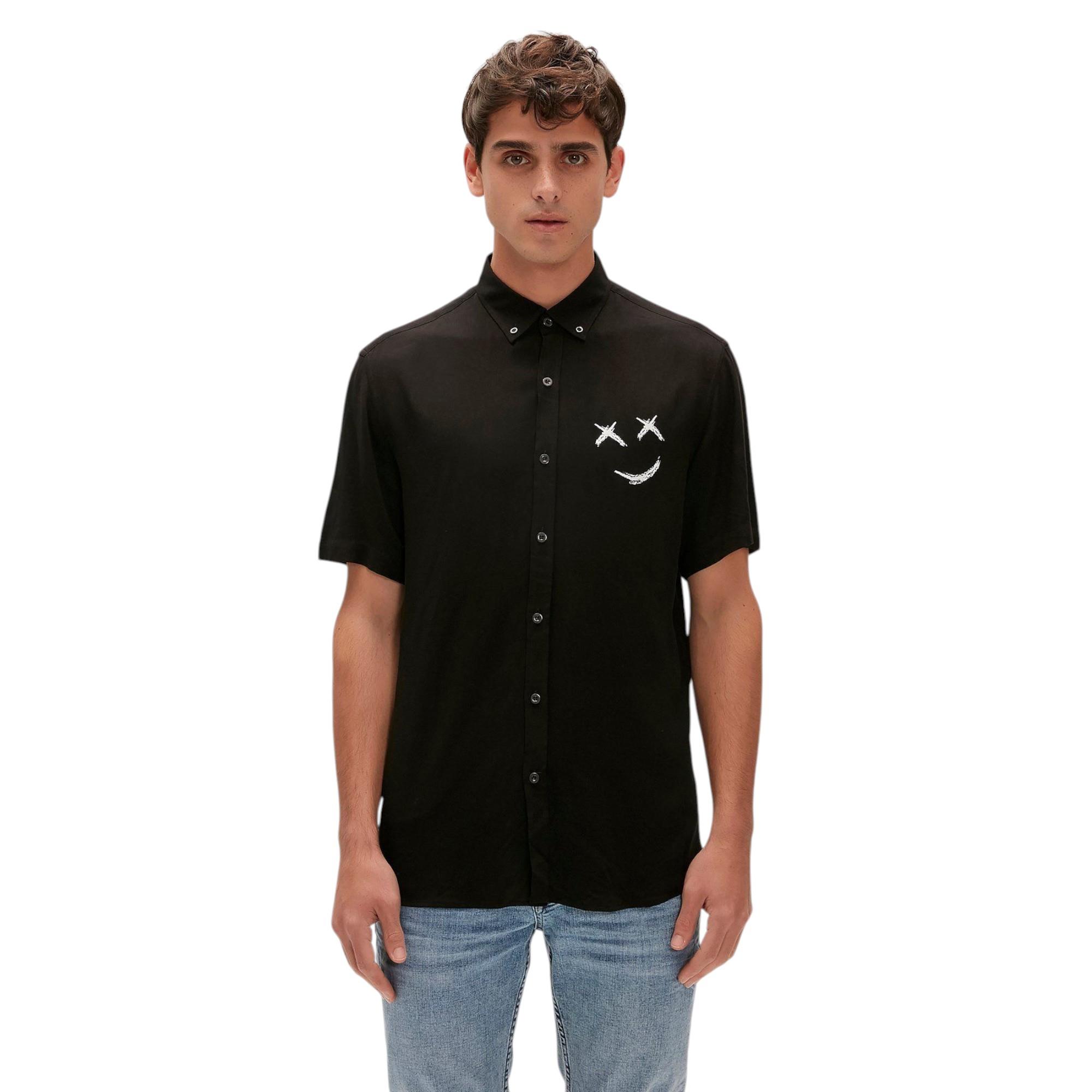 Smile Shirt Siyah Kısa Kollu Baskılı Erkek Gömlek