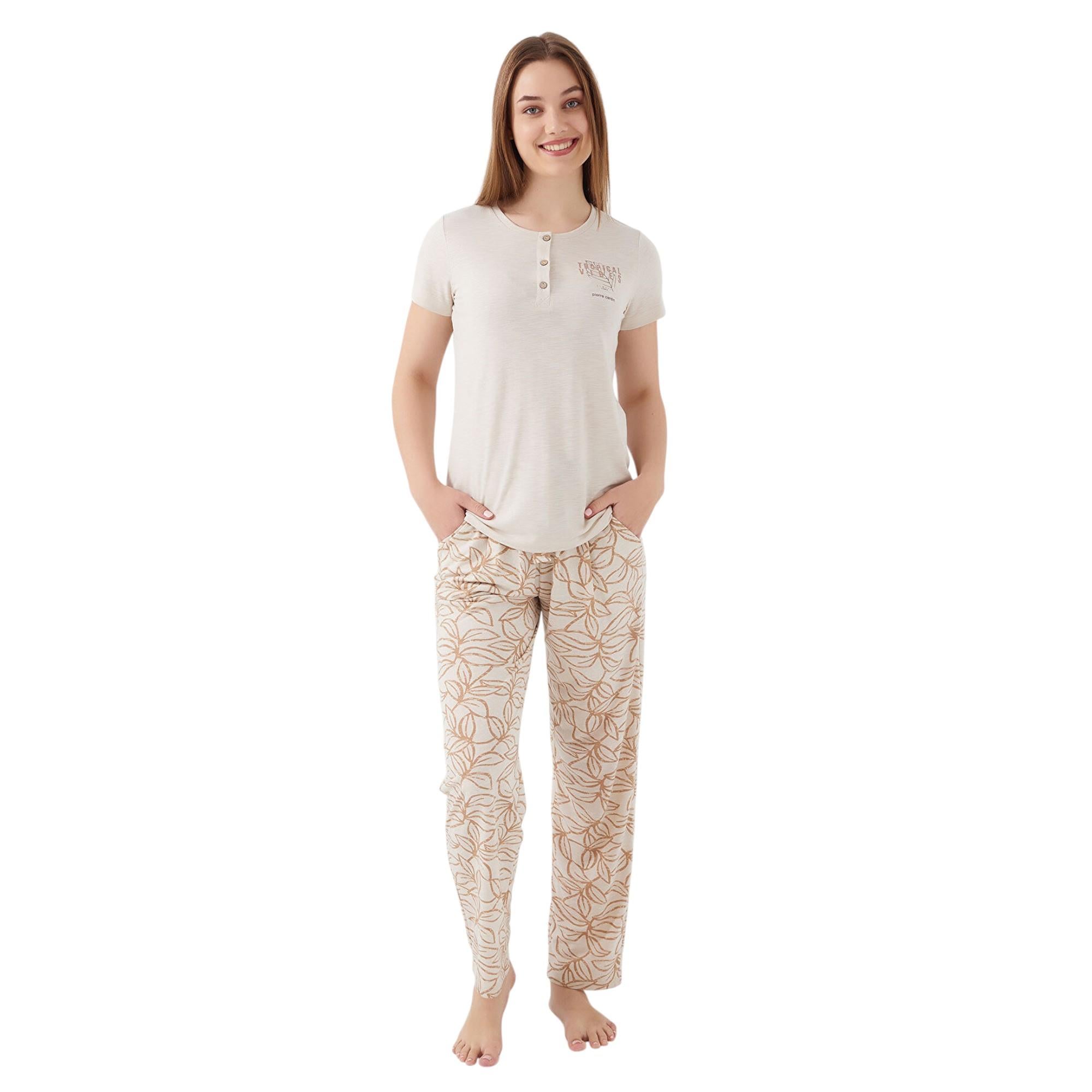 Tropical Vibes Bej Kadın Kısa Kol Pijama Takım