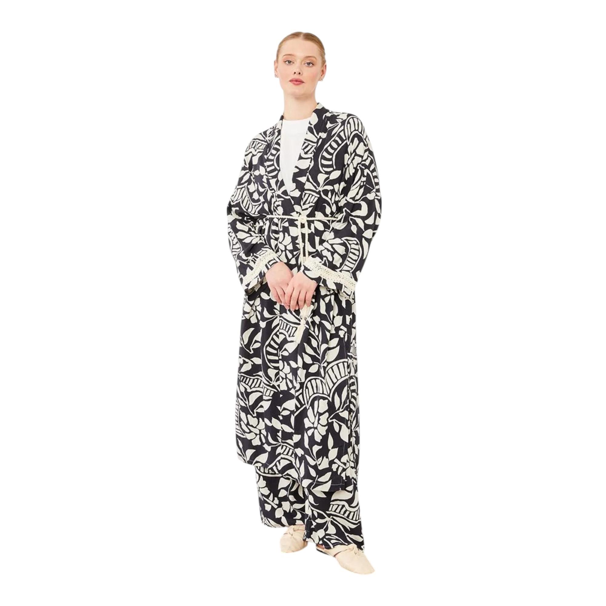 Yaprak Desen Keten Kimono Takım