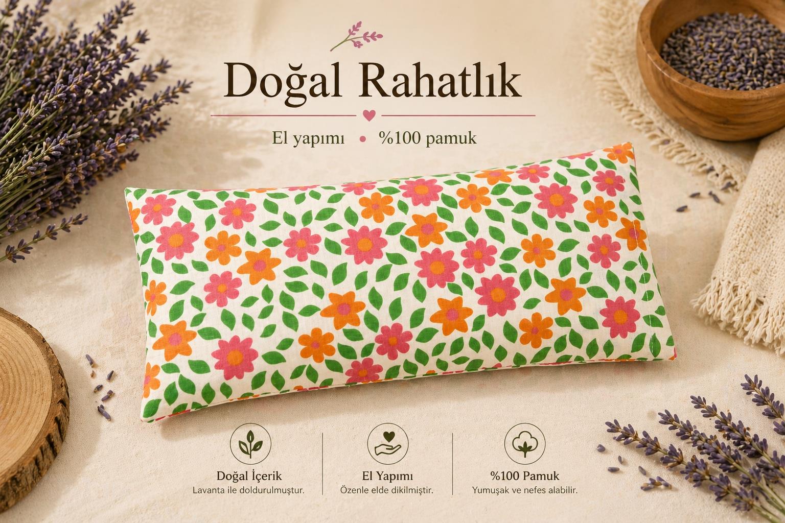 Lavanta Dolgulu Göz Yastığı Çiçek Desenli ve Lavanta Yağı 5 ml
