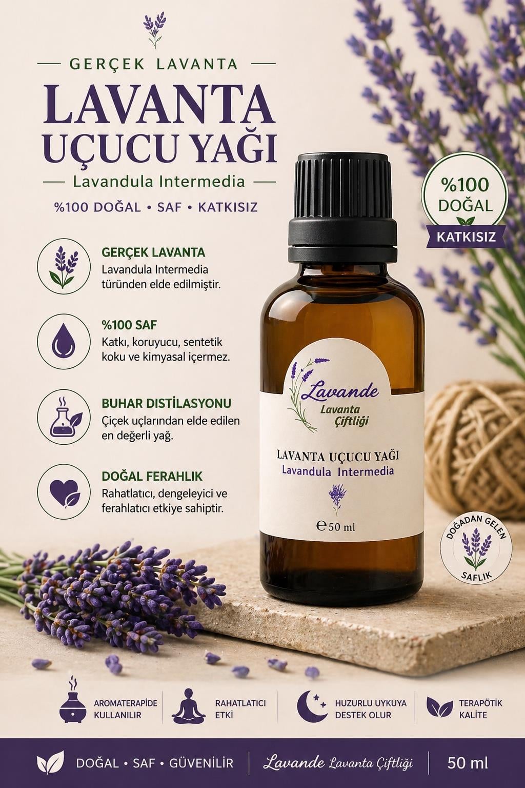 Lavanta Yağı (L. İntermedia) 50ml-İçten Damlalıklı