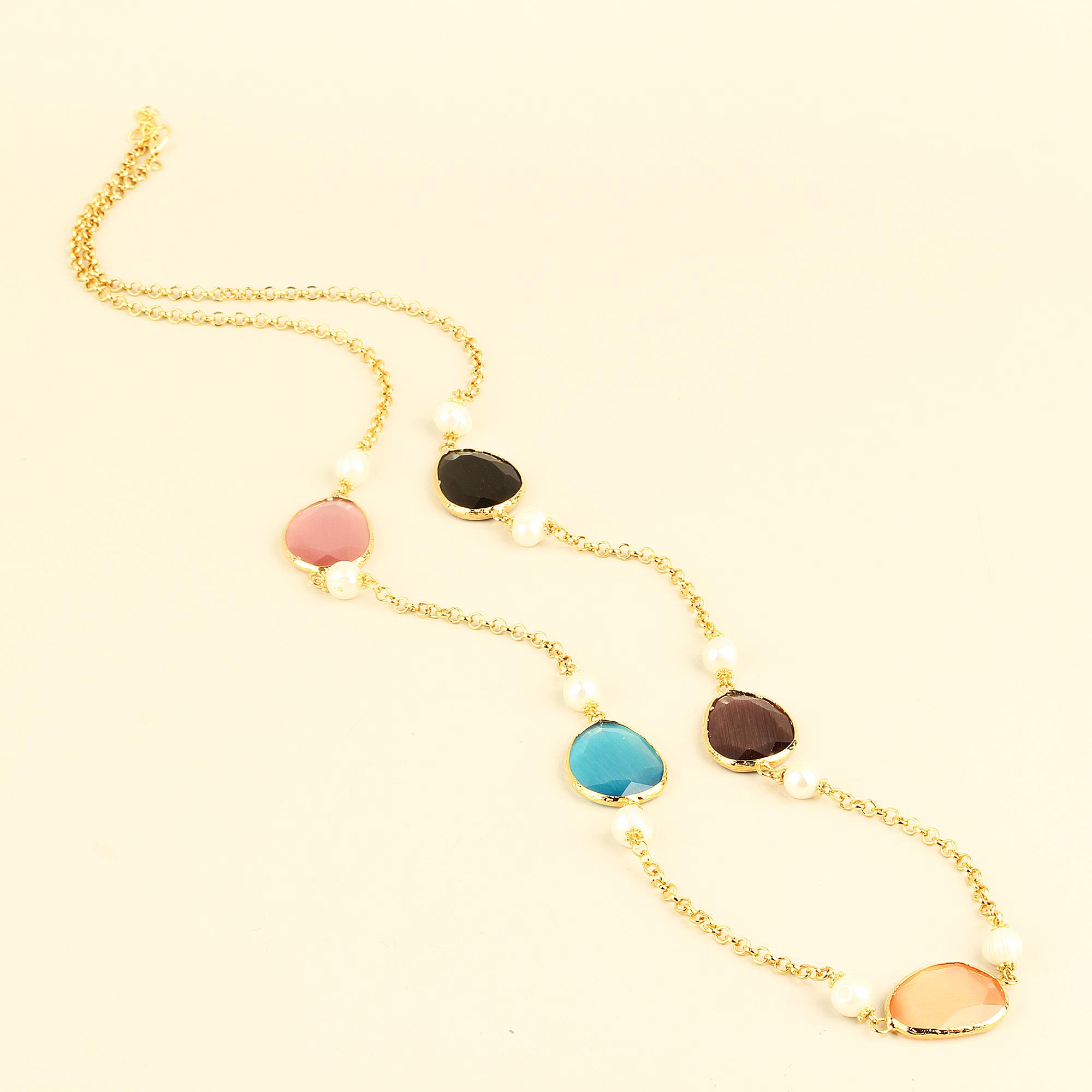 Assorted Cat Eye Stone and Pearl Detailed Chain Necklace