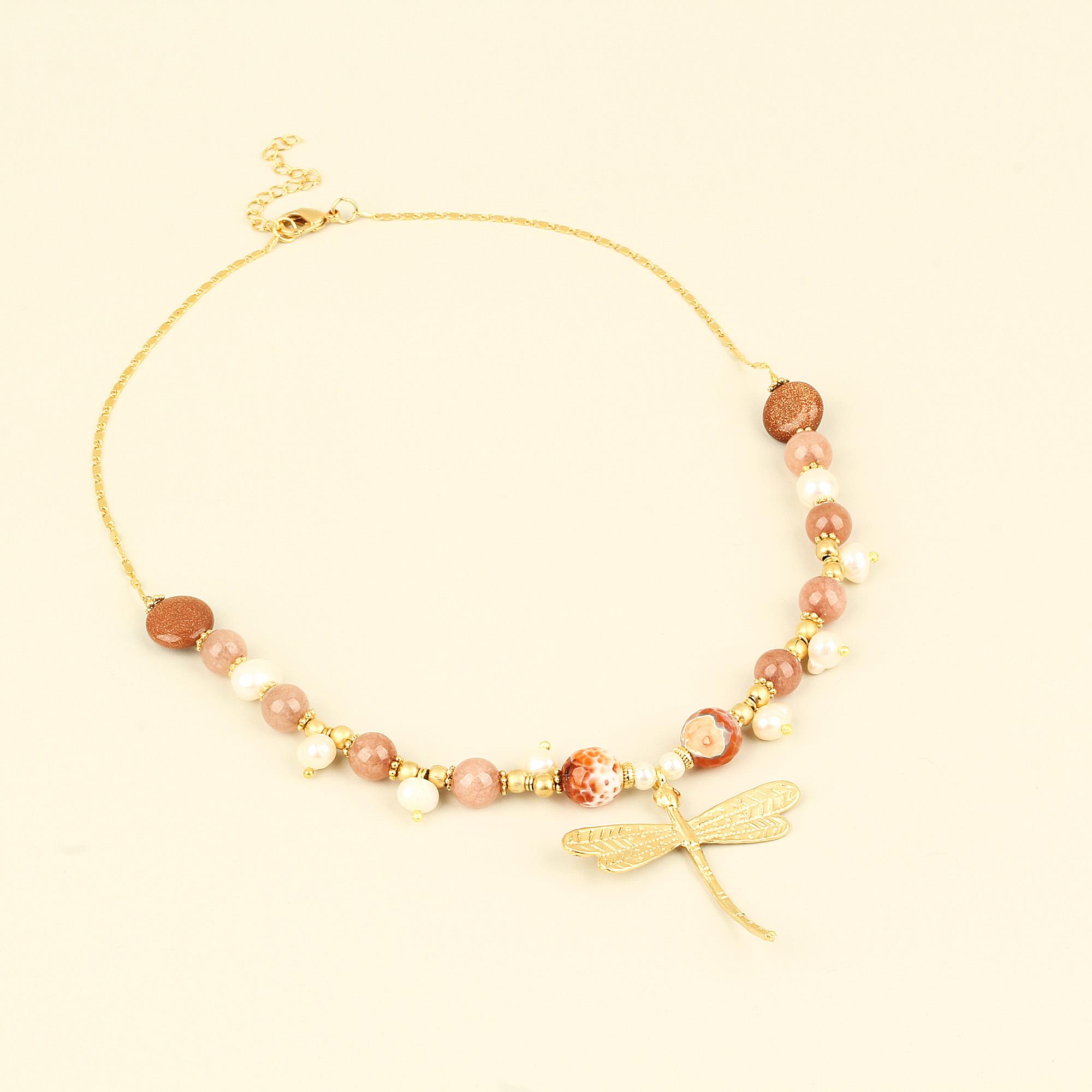 Beige Natural Stones Pearl Detailed Dragonfly Chain Necklace