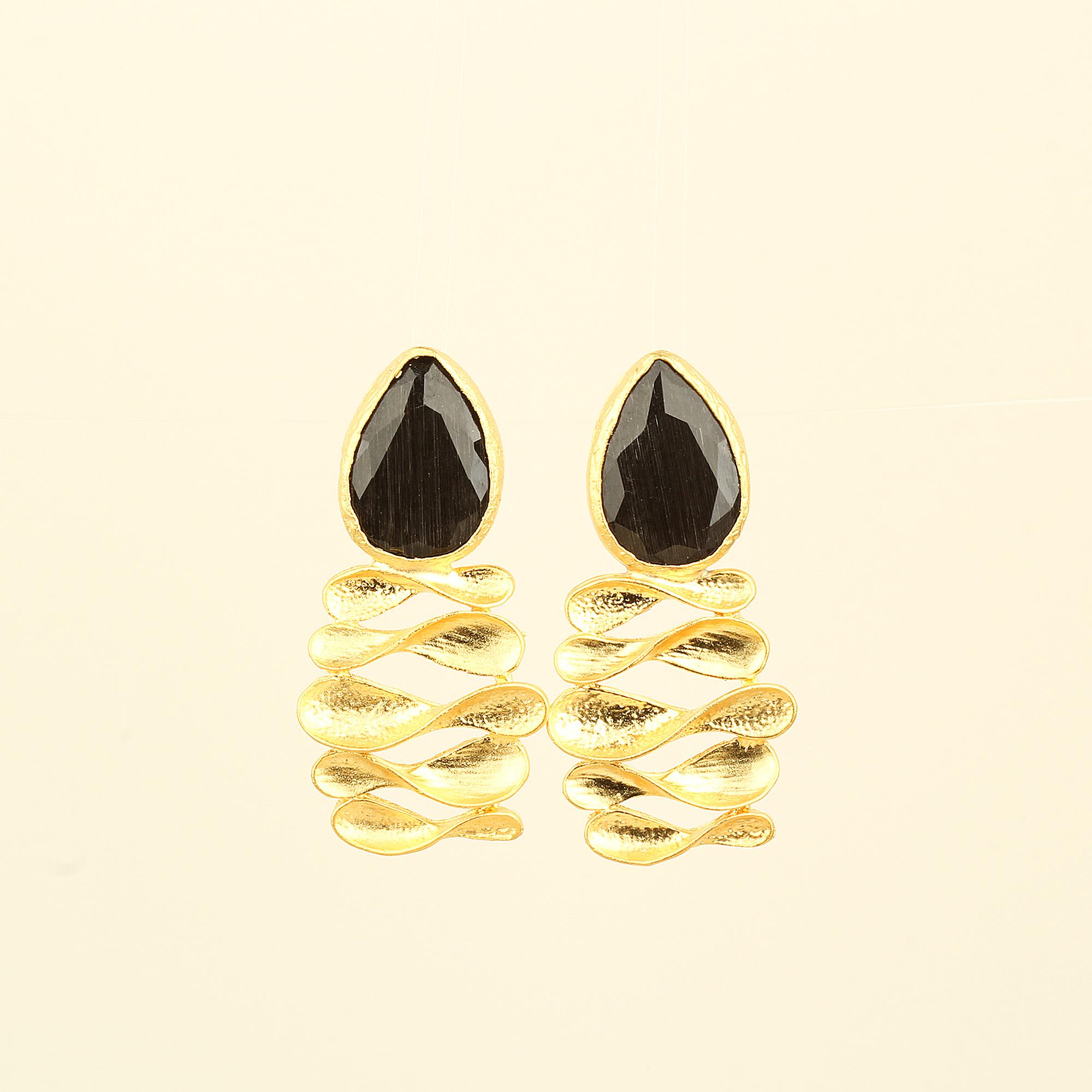 Black Cat Eye Stone Lotus Leaf Earrings