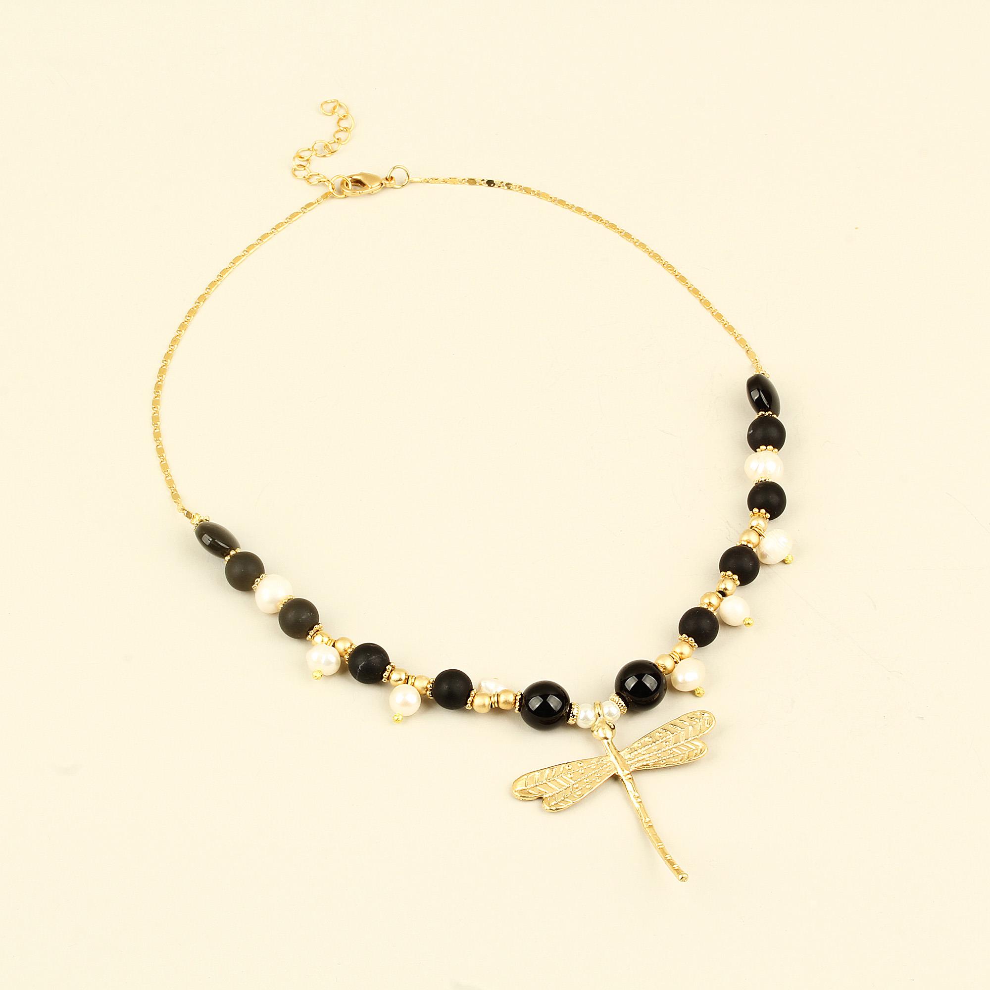 Black Natural Stones Pearl Detailed Dragonfly Chain Necklace