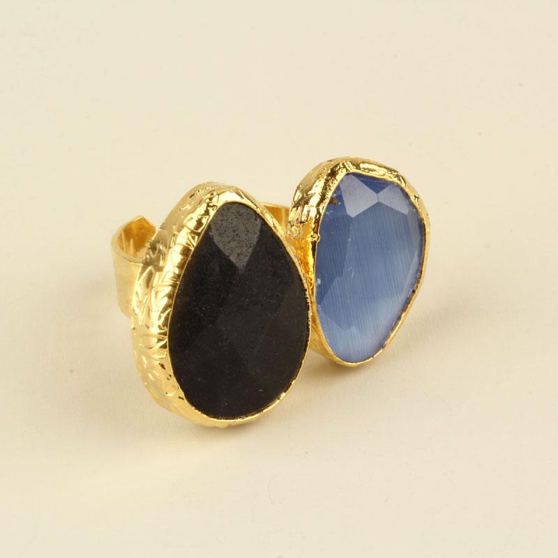 Black Quartz & Navy Blue Cats Eye Stone Duo Ring