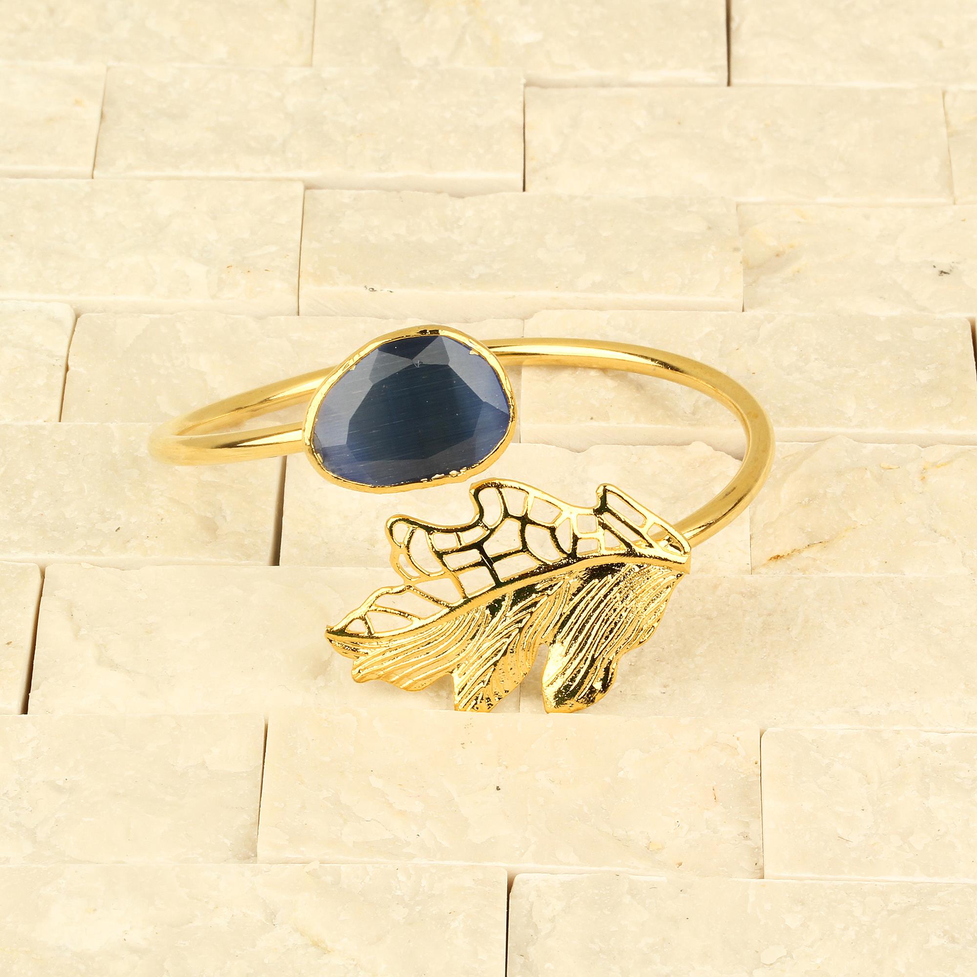 Blue Cat Eye Stone and Leaf Bracelet