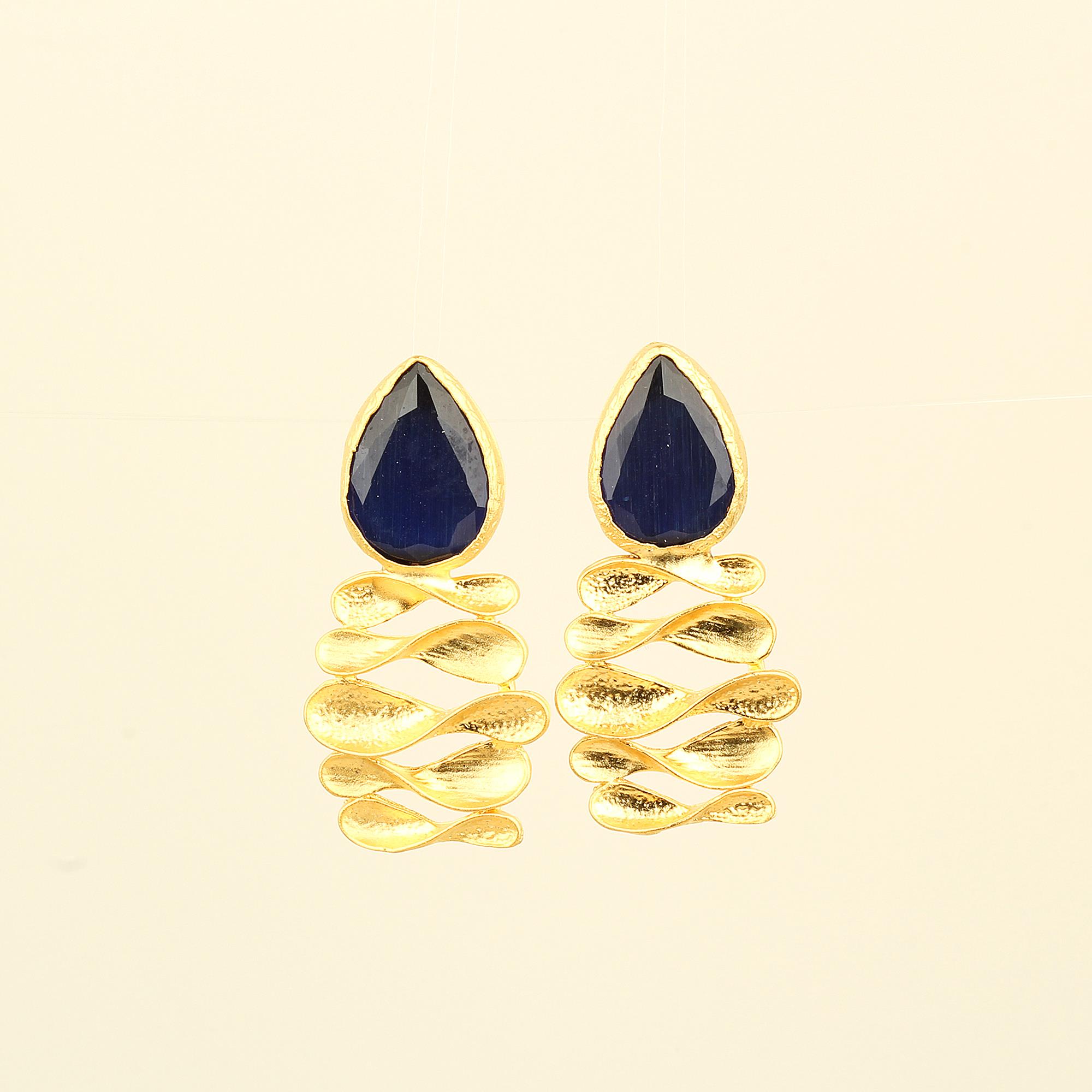 Blue Cat Eye Stone Lotus Leaf Earrings
